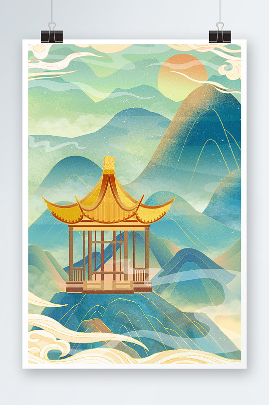 中国风手绘山水凉亭插画设计