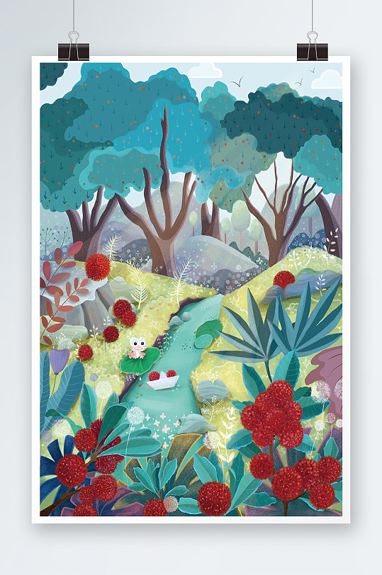唯美森林风光手绘插画设计