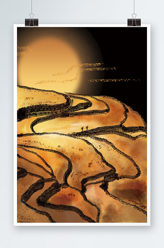 黑金梯田手绘插画设计