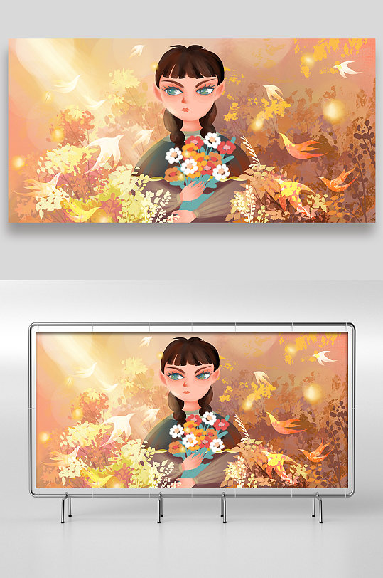 唯美秋季女孩抱着鲜花手绘插画设计