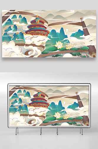 国潮中国风建筑手绘插画设计