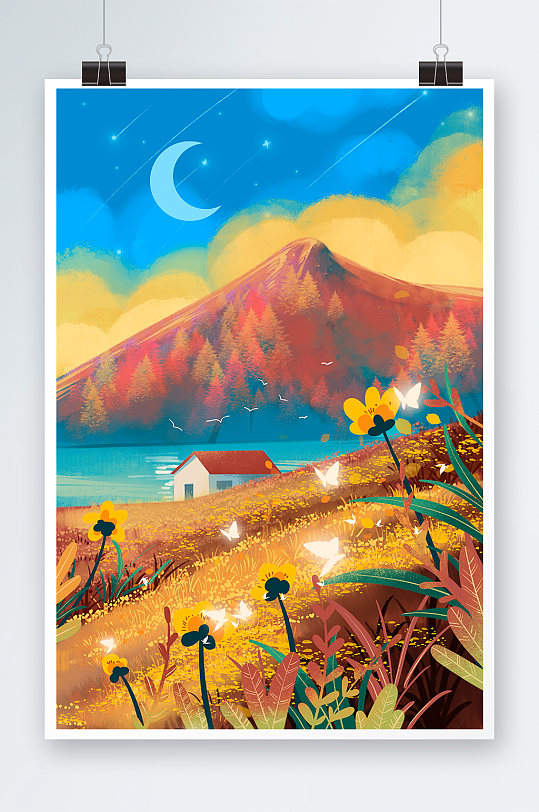 唯美中国风山水风景手绘插画设计