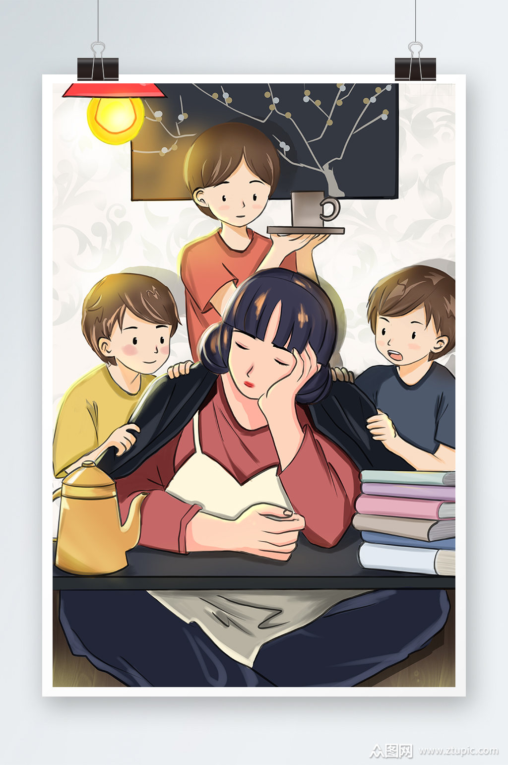 唯美学校学习守护插画设计素材