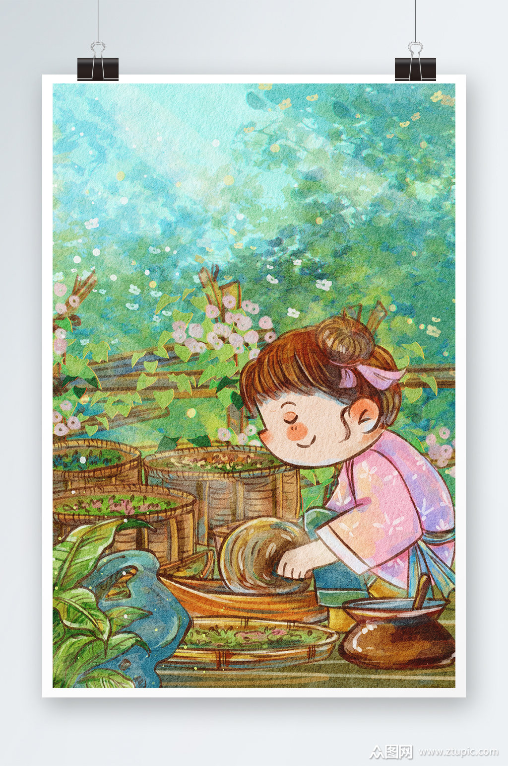 唯美女孩采药手绘插画设计