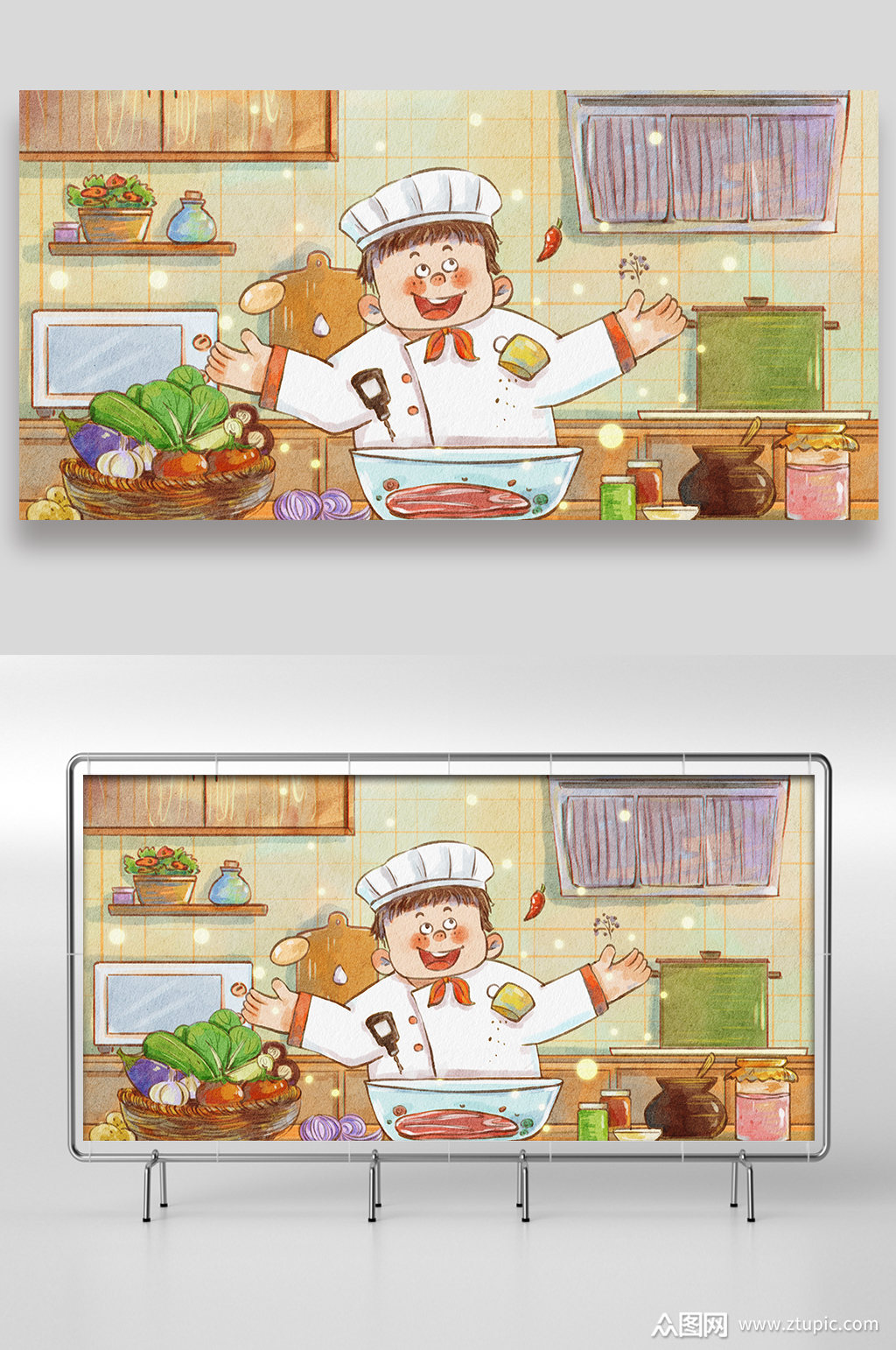 厨师烹饪手绘插画设计素材