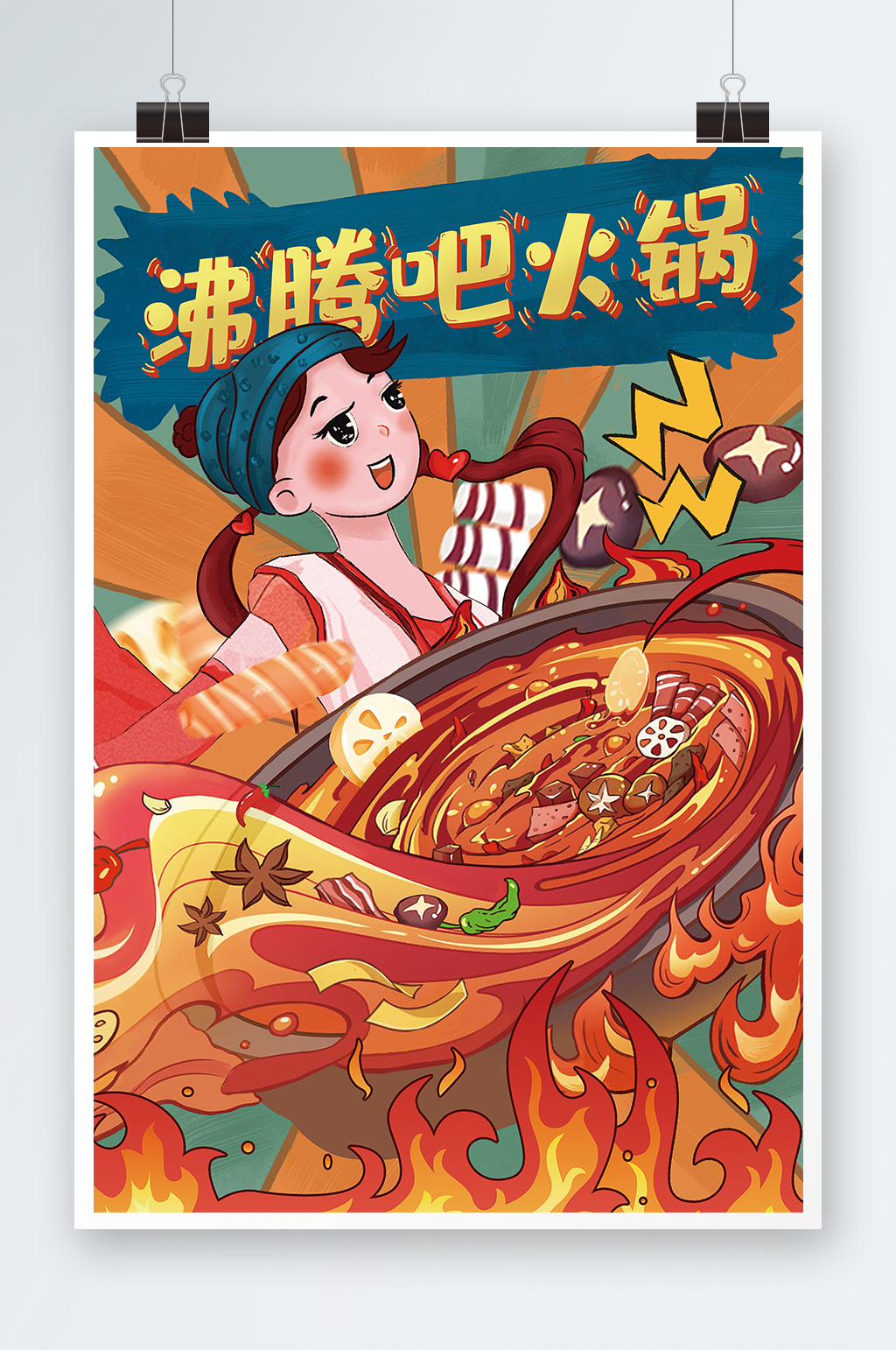 沸腾吧火锅手绘插画设计