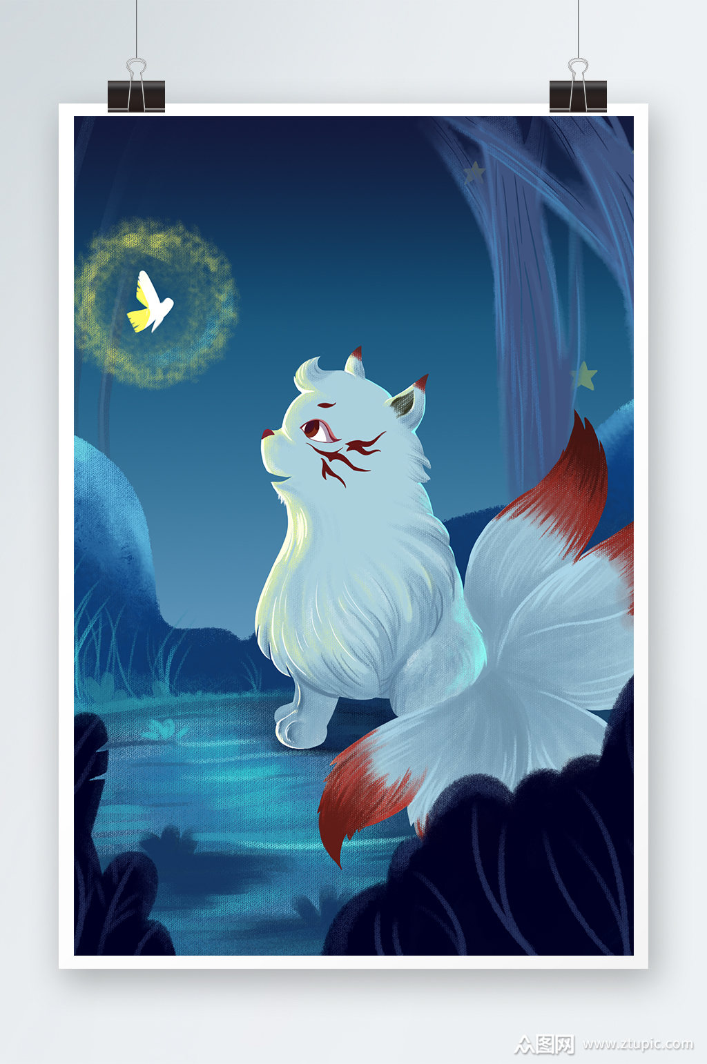 唯美夜晚狐狸手绘插画设计