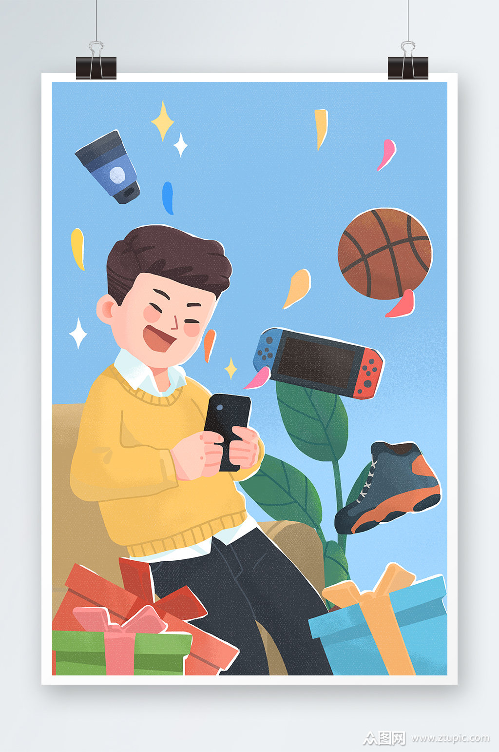 唯美手机购物手绘插画设计素材