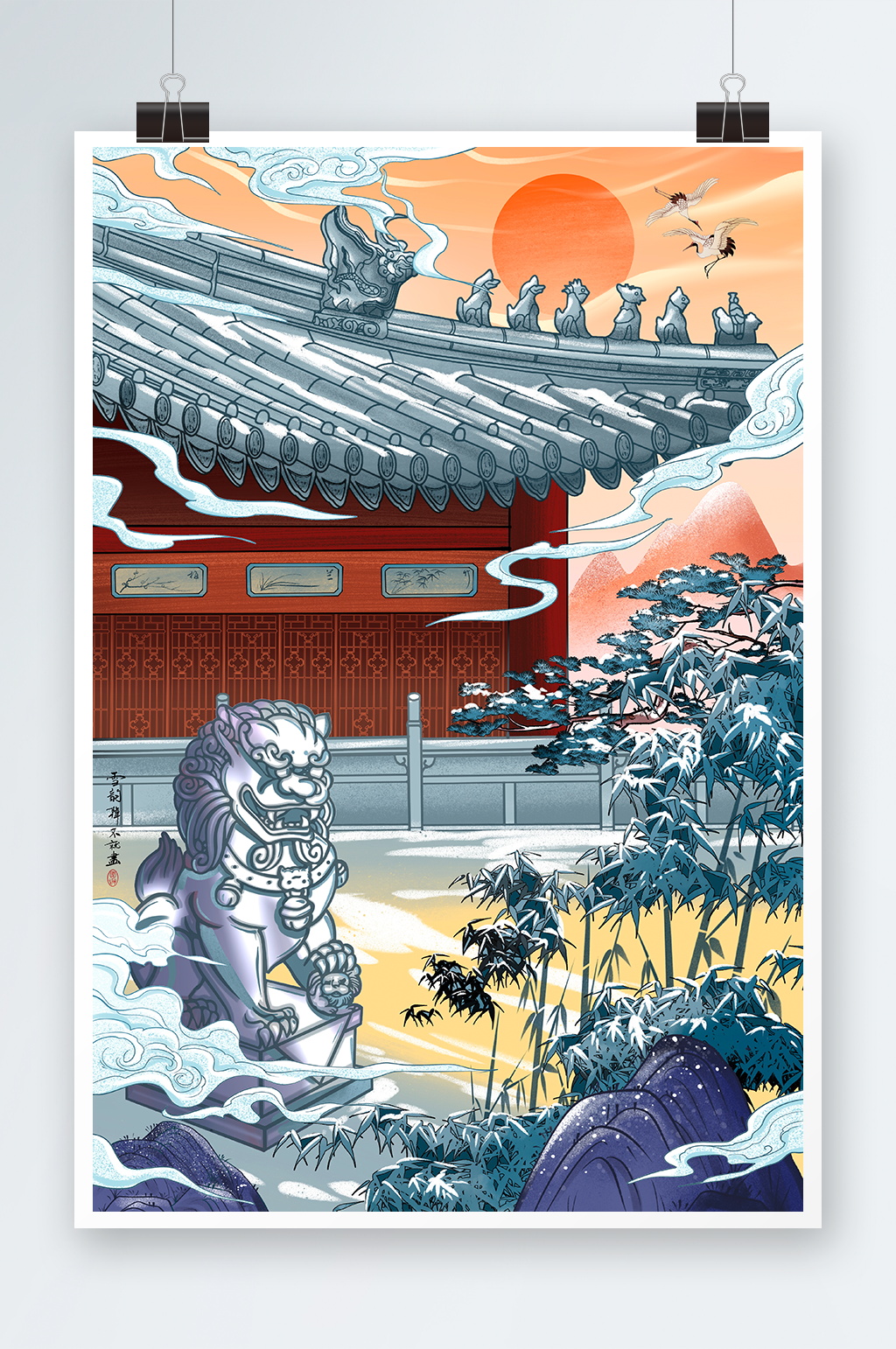 唯美中国风建筑狮子手绘插画设计素材