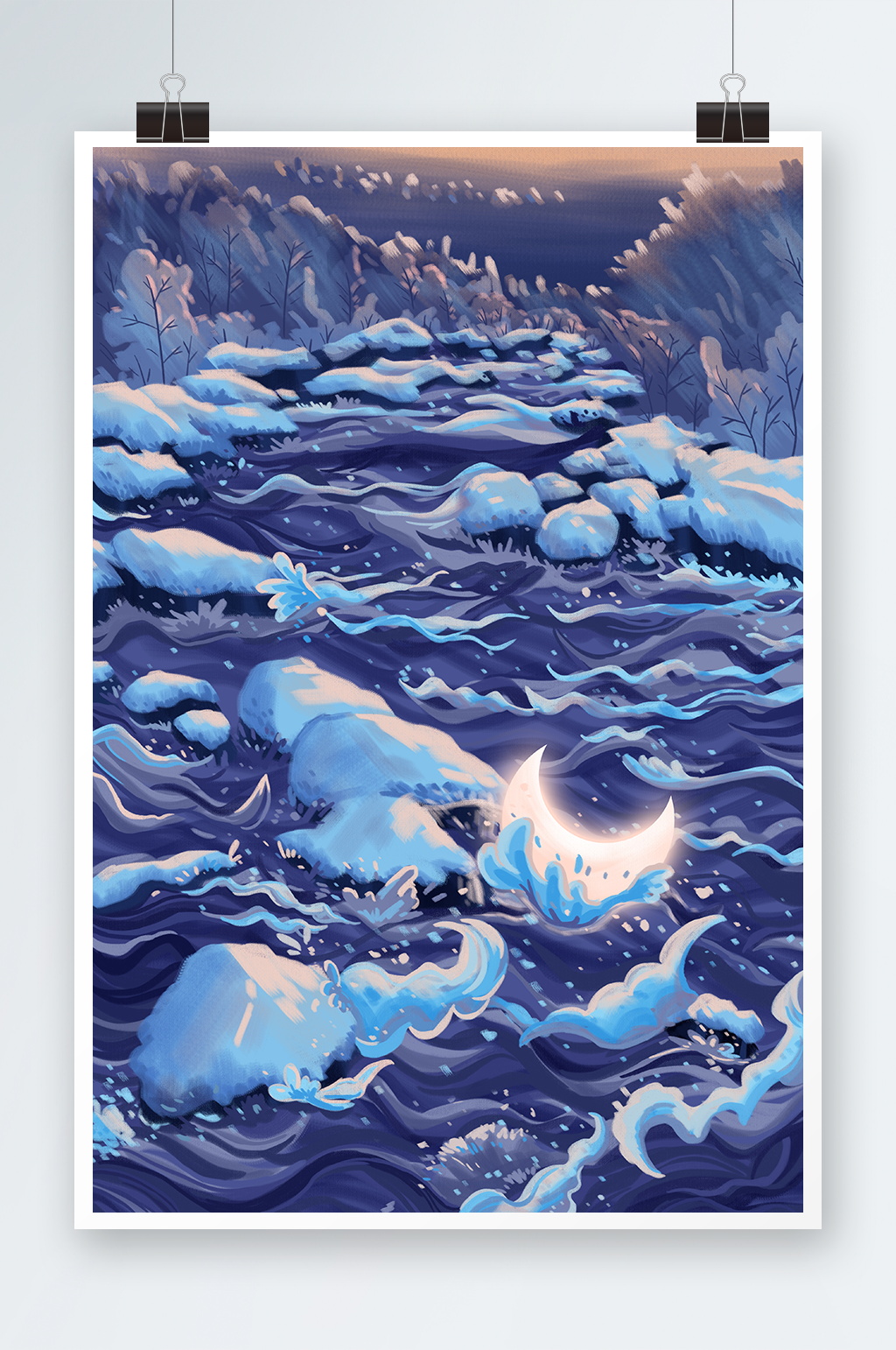 唯美冰川海浪手绘插画设计素材