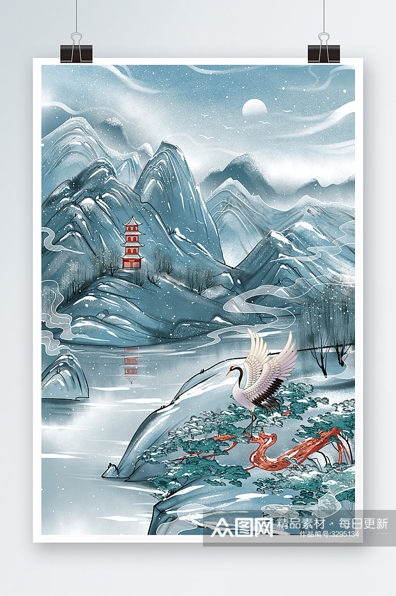 中国风山水手绘插画设计素材