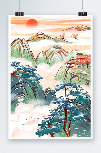 中国风山水手绘插画设计