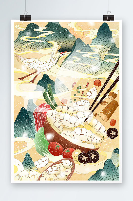 中国风山水美食手绘插画设计
