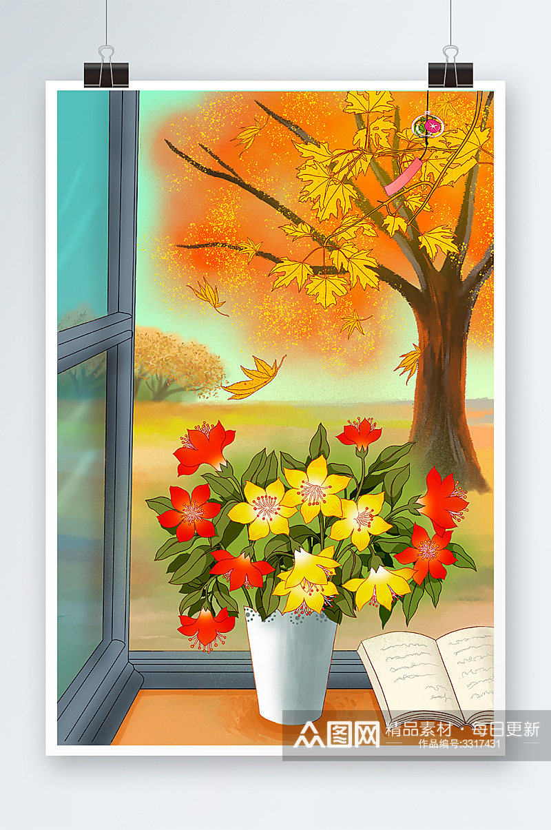 唯美窗台花瓶风景手绘插画设计素材