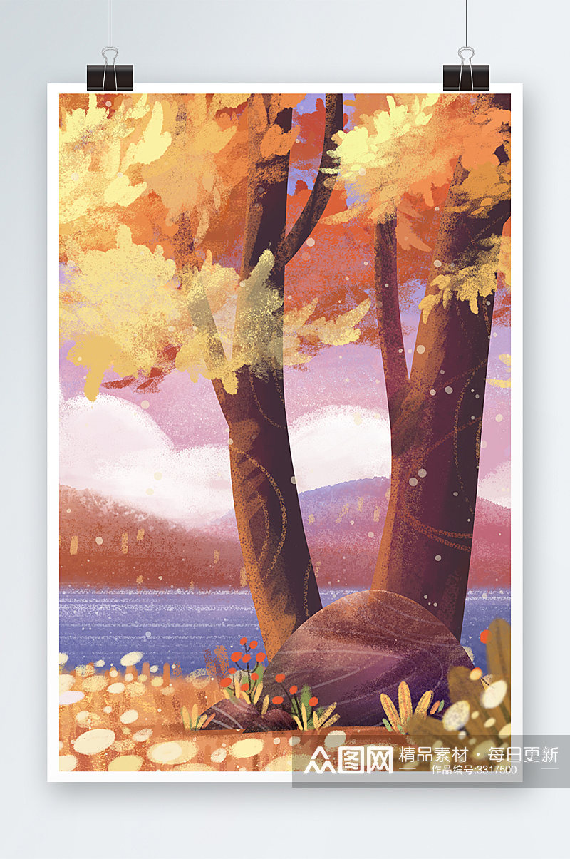 秋季河边风光手绘插画设计素材