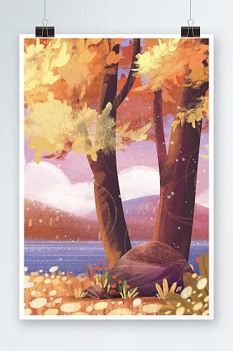 秋季河边风光手绘插画设计