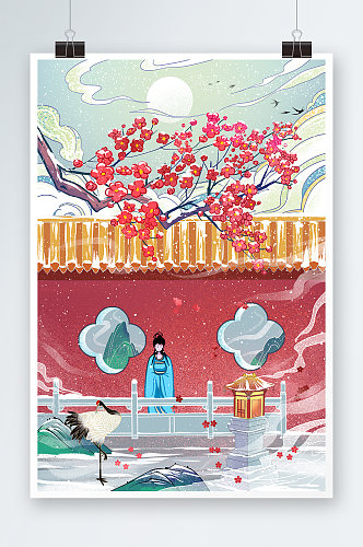 唯美冬季中国风梅花手绘插画设计