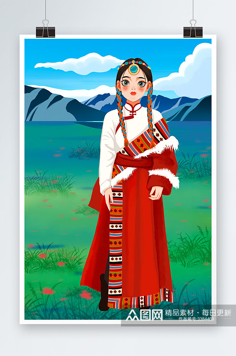 藏族美女手绘插画设计素材