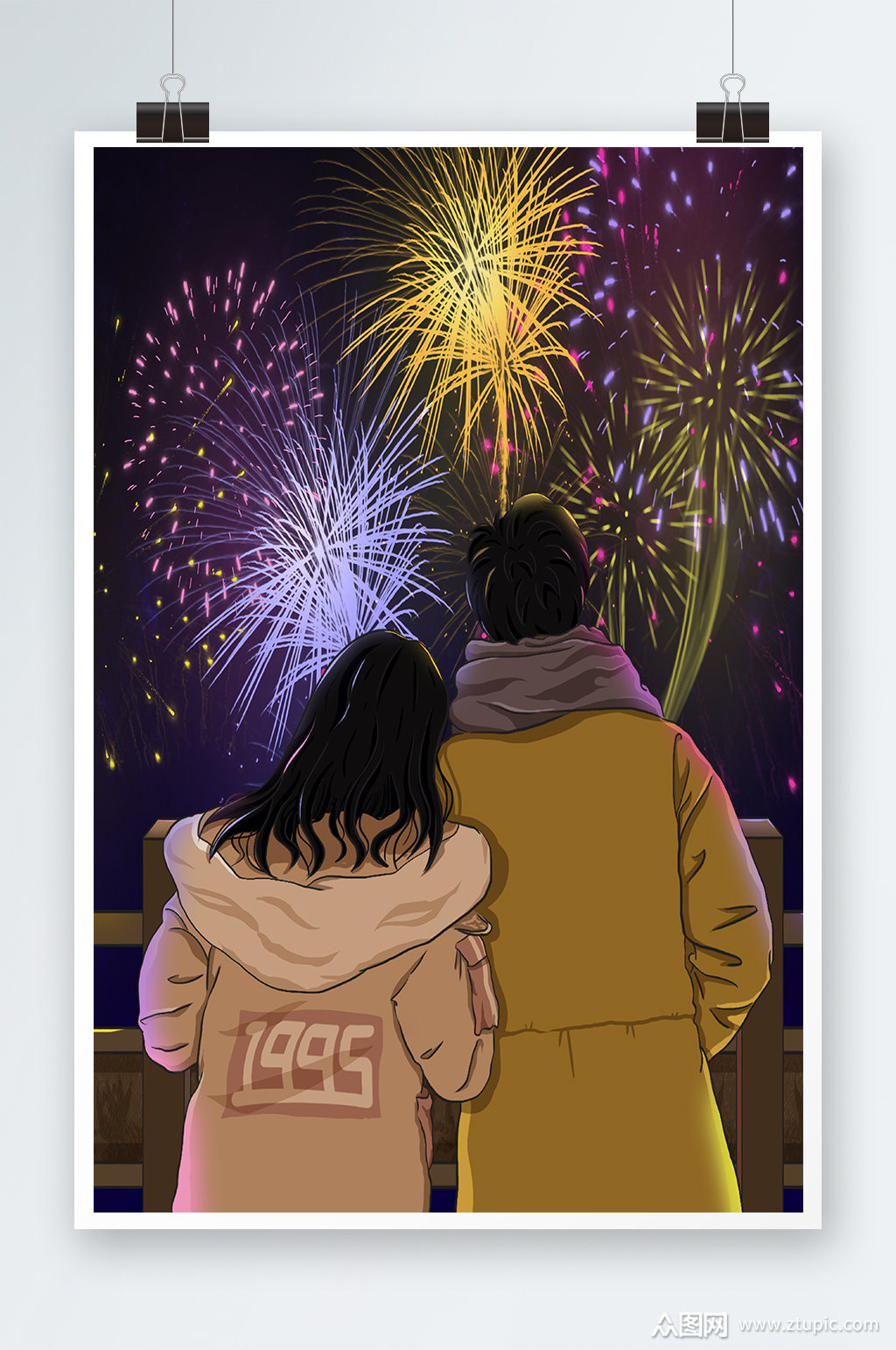 情侣新春烟花手绘插画设计素材
