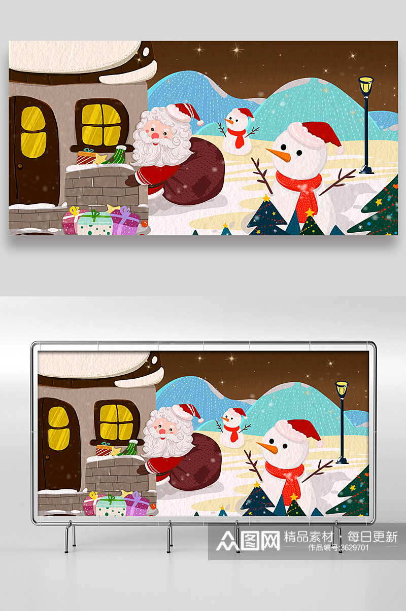 圣诞节雪人圣诞老人手绘插画设计素材