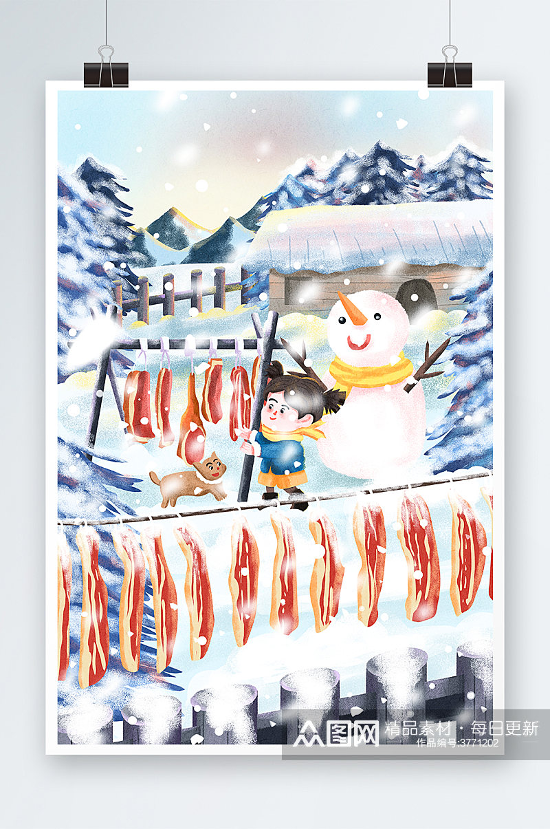 冬天晾晒腊肉手绘插画设计素材