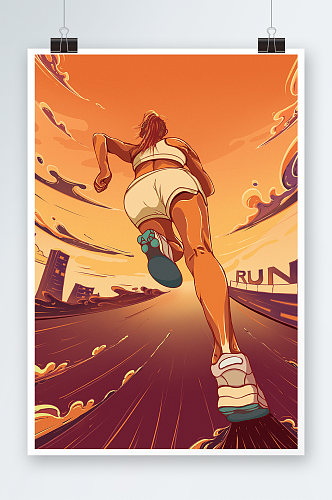 长跑运动中女子比赛漫画插画