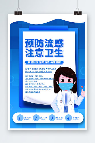 蓝色预防流感注意卫生展板海报