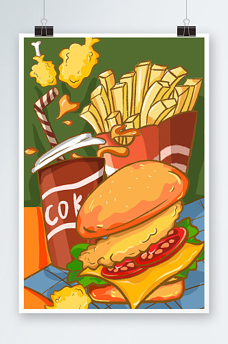 可乐汉堡手绘插画设计