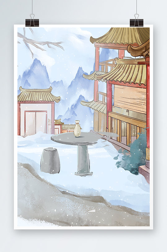 下雪雪地冬季老房子卡通插画