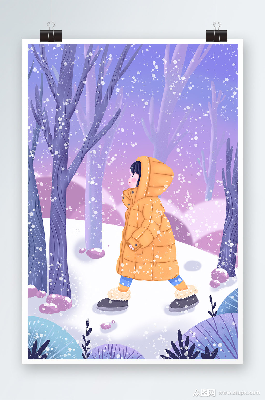 下雪天的女孩手绘插画设计素材