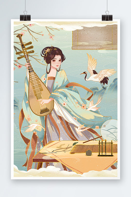 中国风古风美女弹琴手绘插画设计