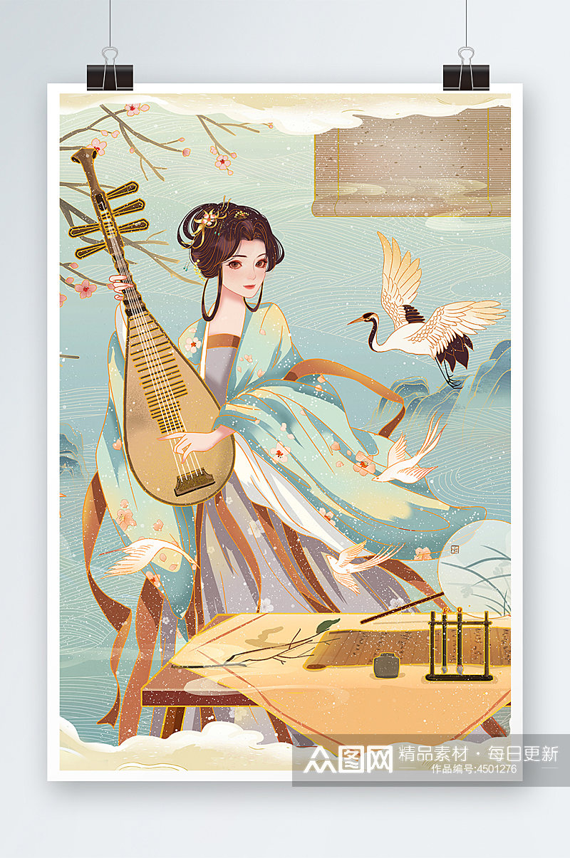 中国风古风美女弹琴手绘插画设计素材