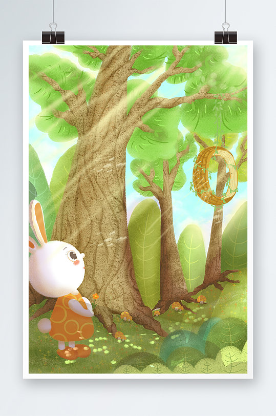 唯美兔子树林手绘插画设计