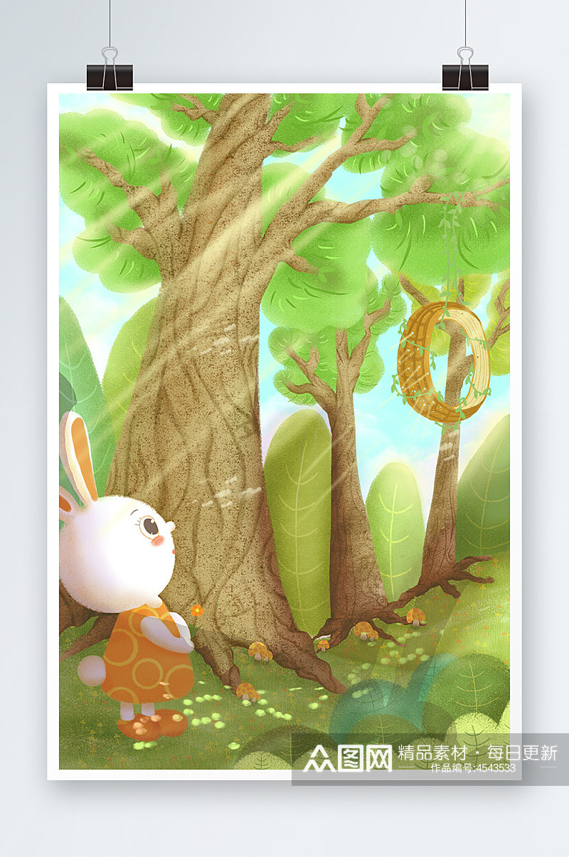 唯美兔子树林手绘插画设计素材