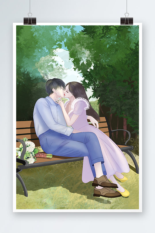 唯美情侣接吻手绘插画设计