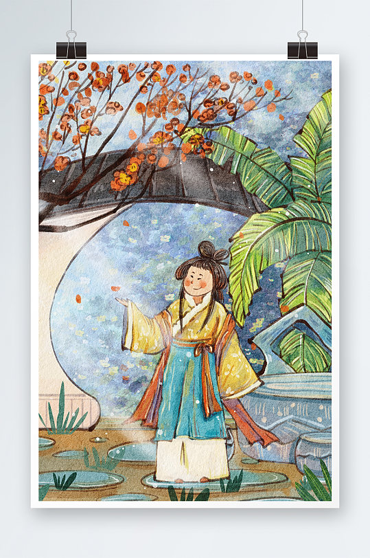 古代风格美女手绘插画设计