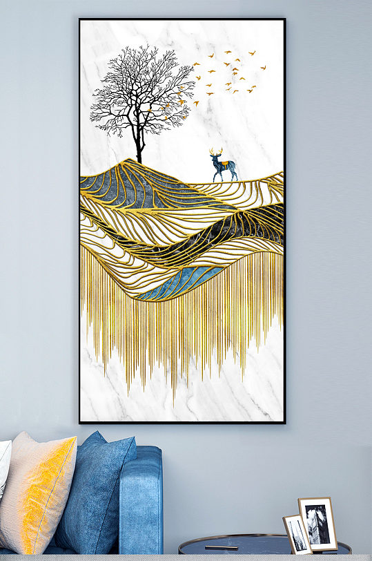 新中式抽象线条麋鹿玄关装饰画-众图网