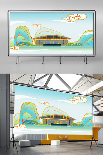 国潮鎏金秦岭兵马俑博物馆地标建筑插画