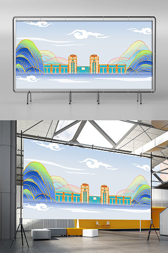 国潮鎏金郑州火车站地标建筑插画