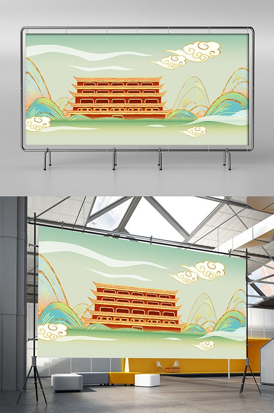 国潮镇海楼地标建筑插画