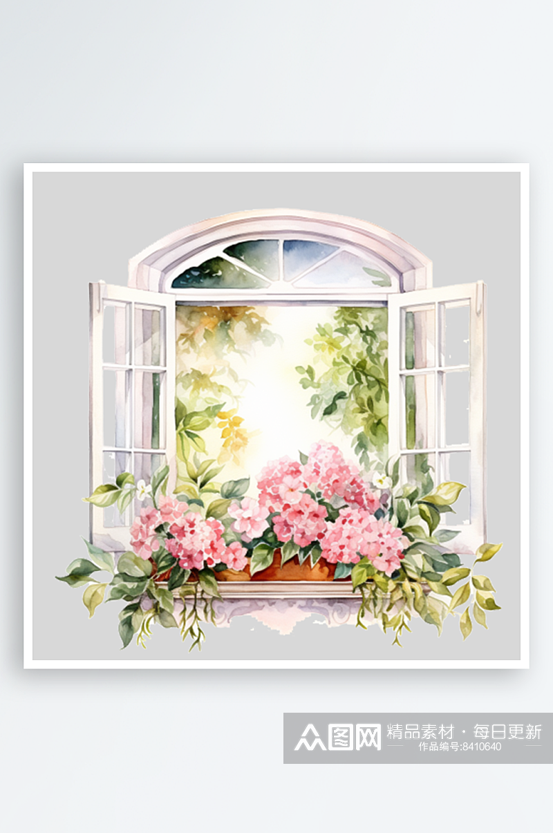 水彩春天花卉窗户png素材素材