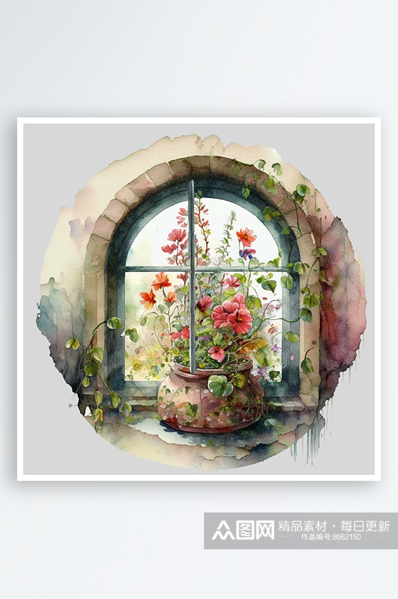 水彩花卉窗户png素材素材