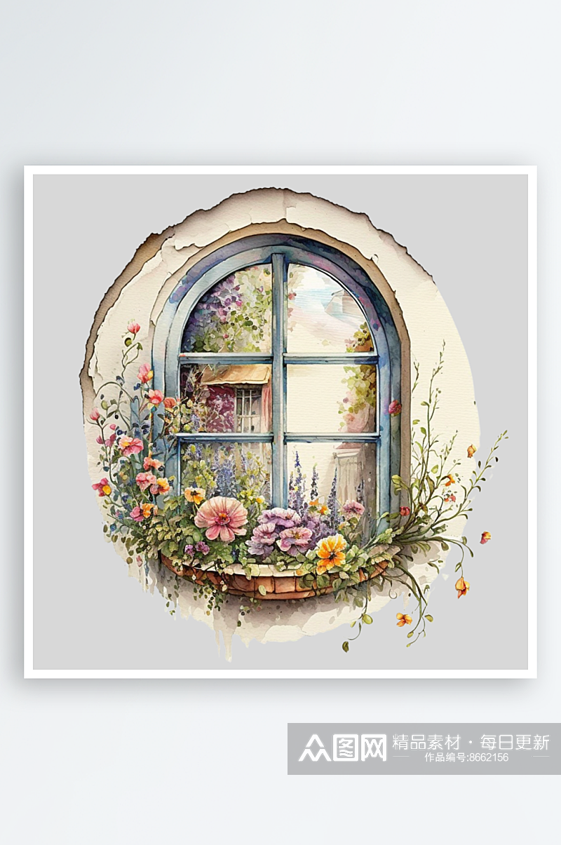 水彩花卉窗户png素材素材