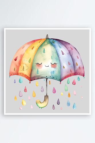 手绘彩色水彩雨伞png