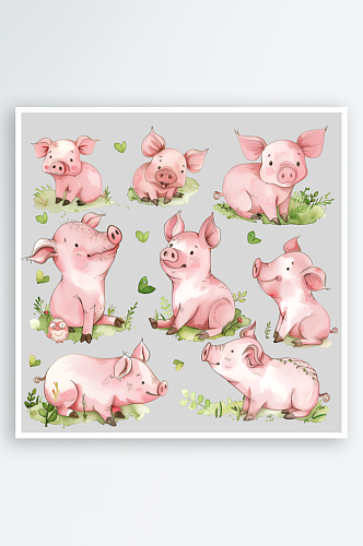 水彩粉色小猪插画png