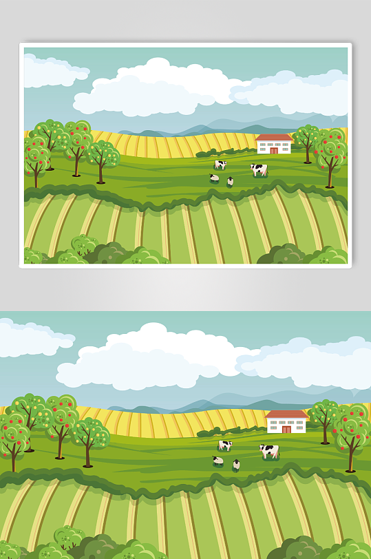 手绘风乡村村庄农村风景插画-众图网
