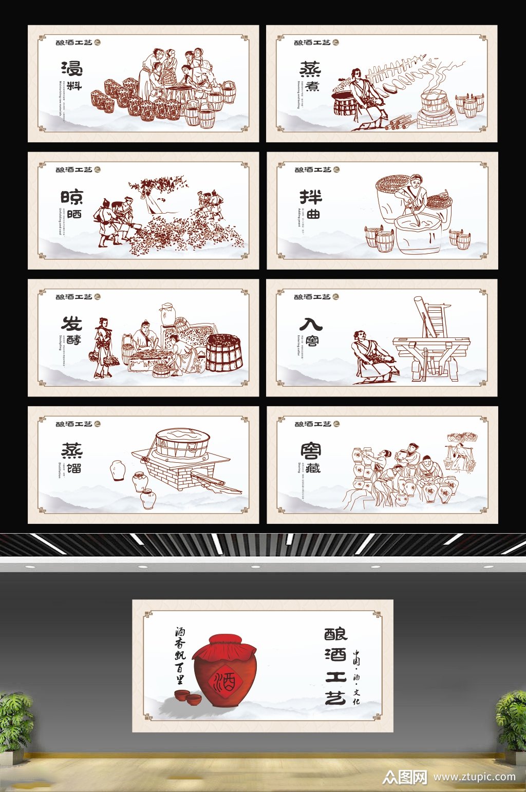 酿酒工艺文化背景墙形象画素材