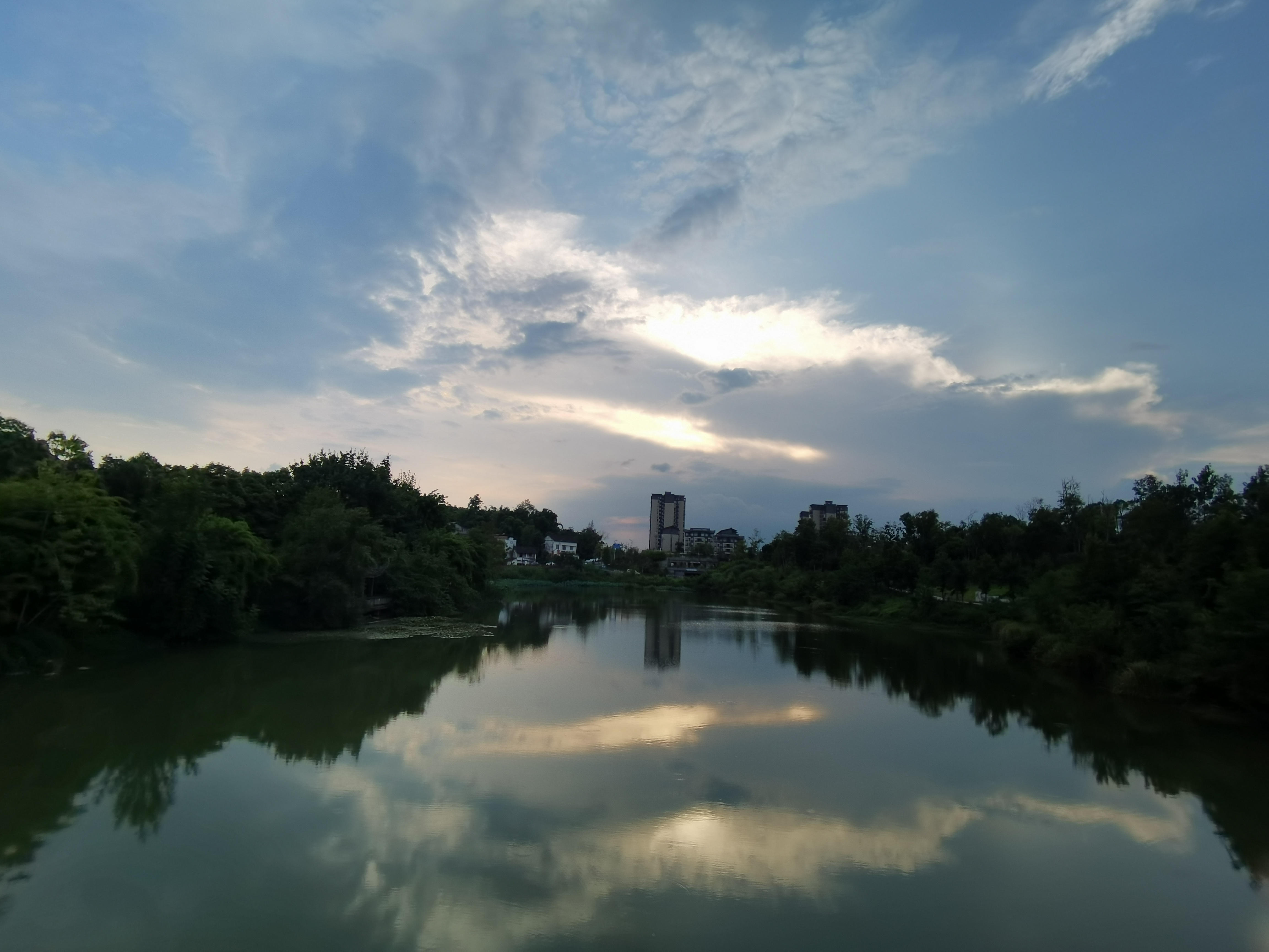 河畔绿意盎然景象素材