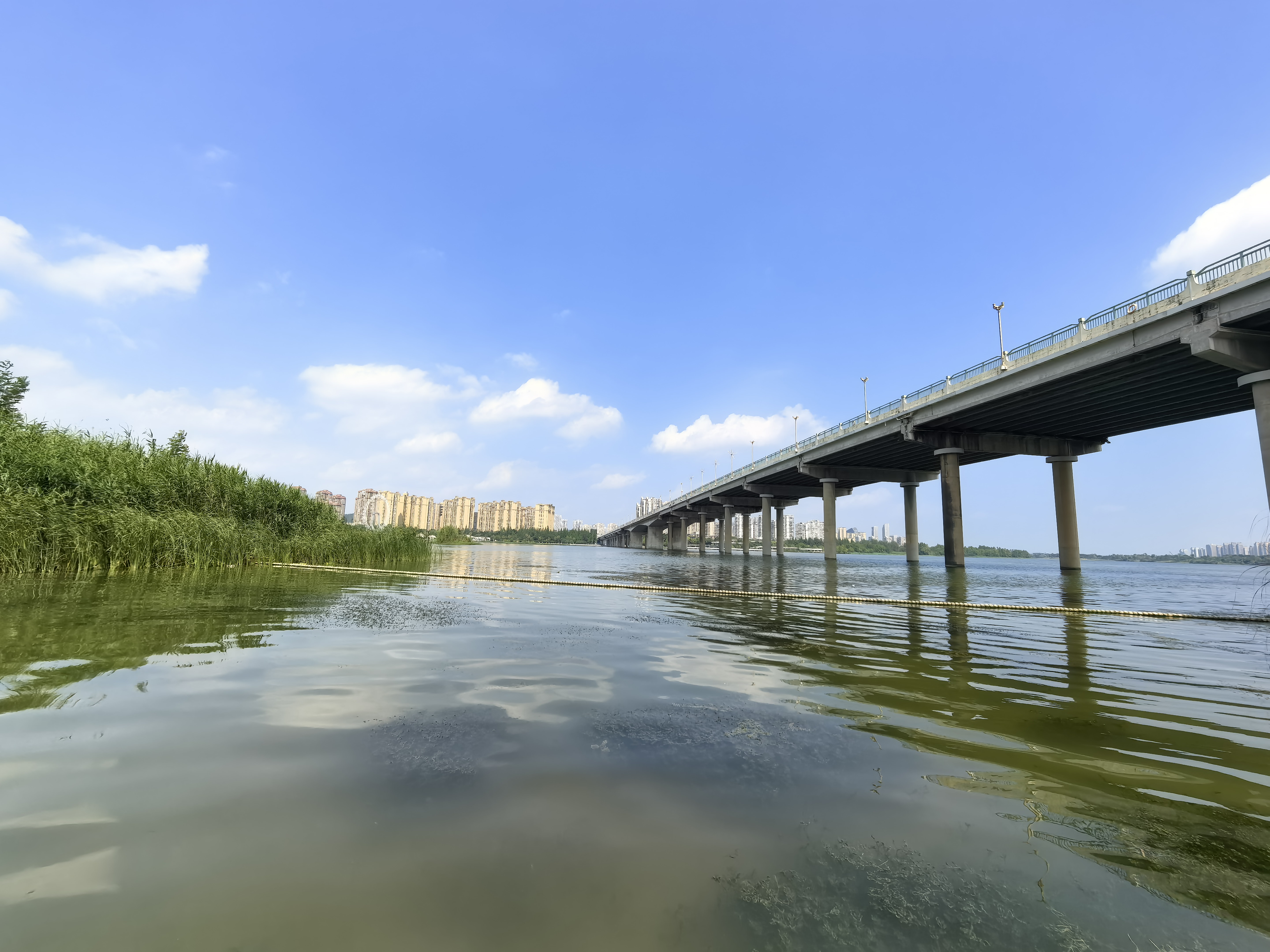 城市河畔桥梁与水面风光素材