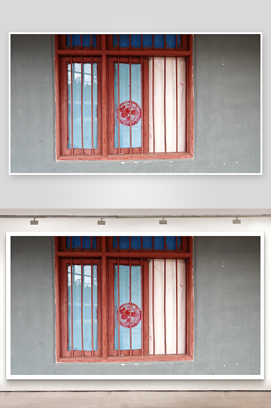 农村老旧房屋红色中式窗户